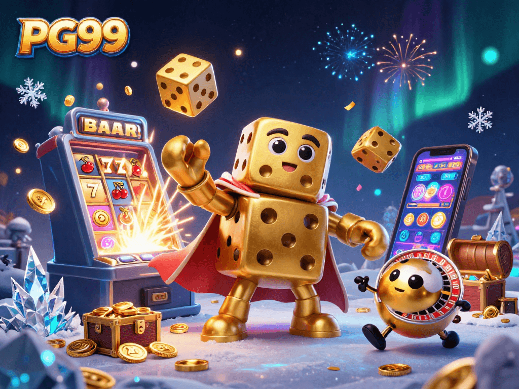 Engage with PG99's vibrant casino scene showcasing golden dice, slot machines, and colorful games.