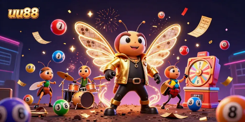 Experience the excitement of uu88 casino with vibrant lottery balls and a lively rock star theme.