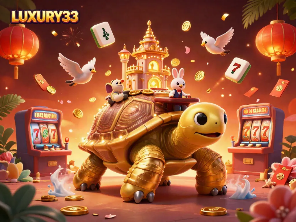 Experience thrilling gameplay at LUXURY333 with a unique golden tortoise casino scene and vibrant gaming elements.