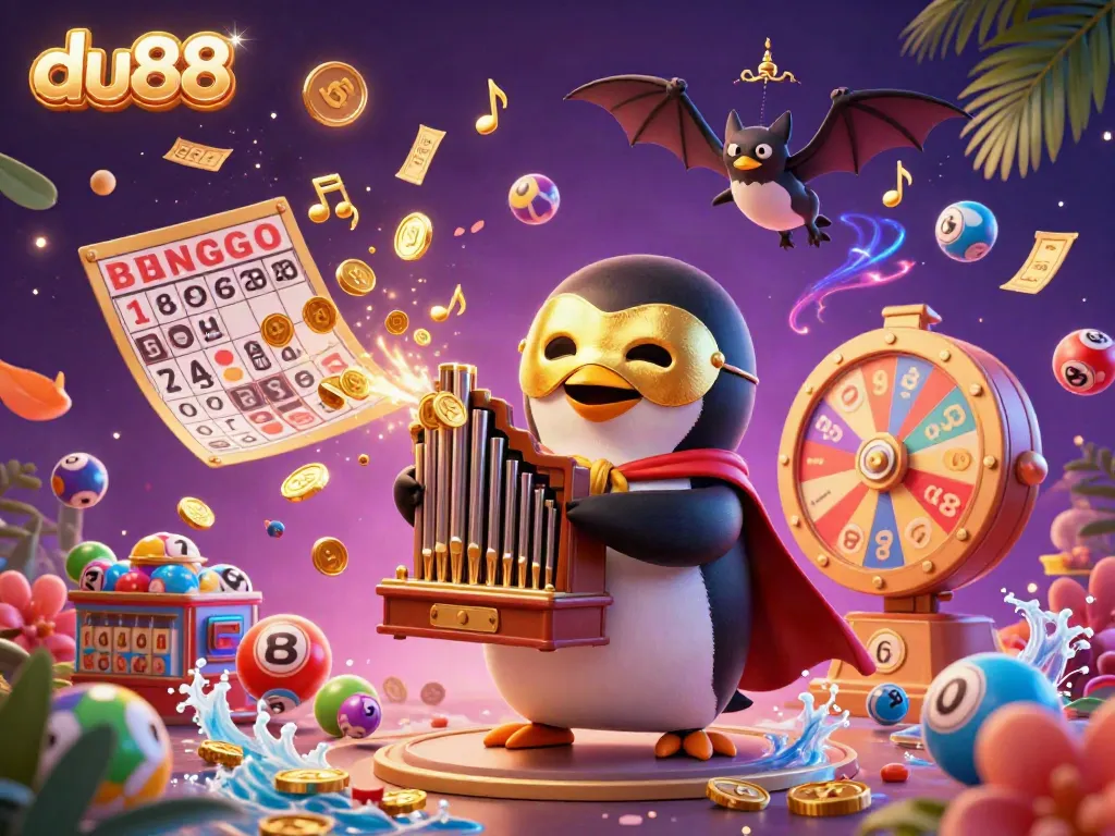 Experience thrilling gameplay at du88 with our vibrant 3D illustration of a penguin at a casino, surrounded by dynamic game elements.