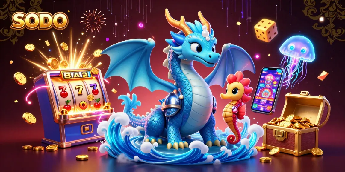 SODO gaming scene showcases an azure water dragon and seahorse knight celebrating big wins with vibrant casino symbols.