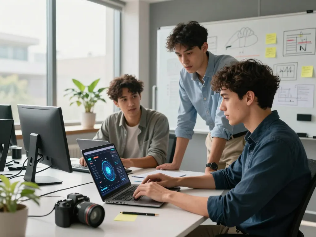 Collaborative workspace showcasing spicy AI technology in action with diverse team members brainstorming.