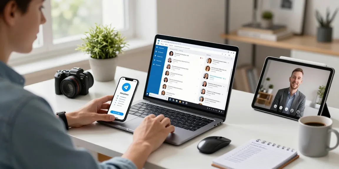 Engaging with the Telegram web version in a modern home office space.