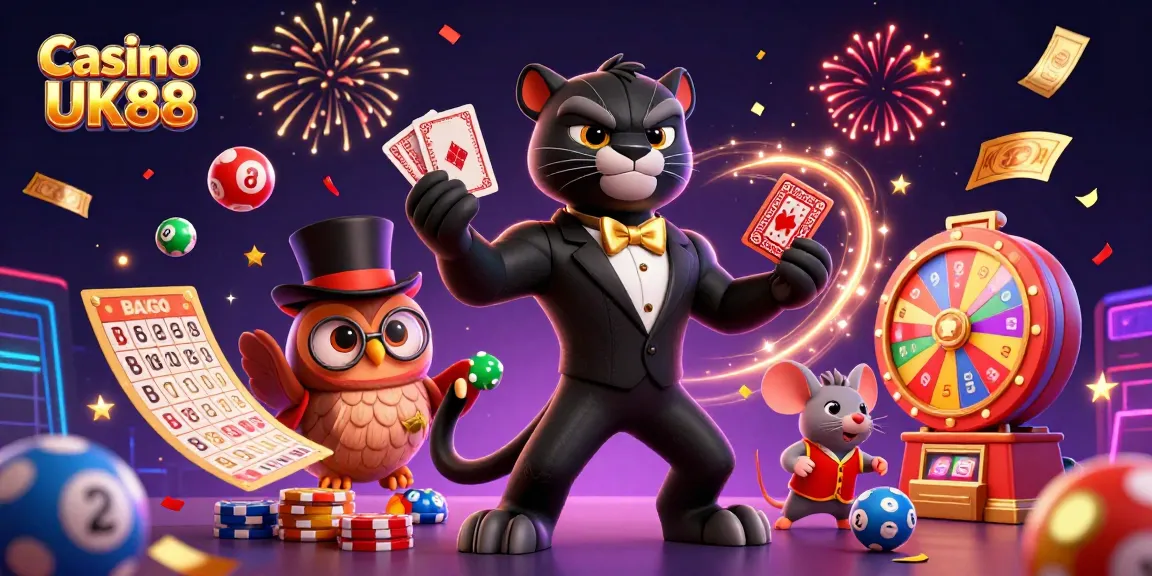 Casino UK88 delivers a vibrant scene with characters engaging in card games amidst a dynamic casino atmosphere.