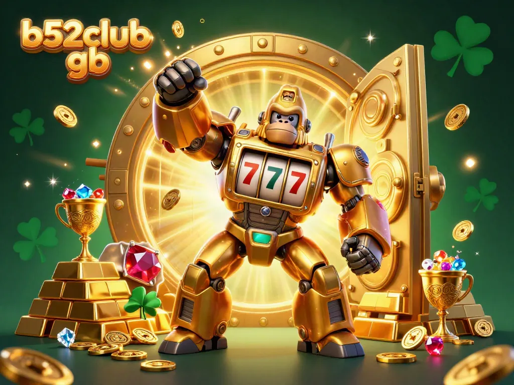 Play exciting slots with b52club gb featuring a golden mech bursting with coins and treasures.