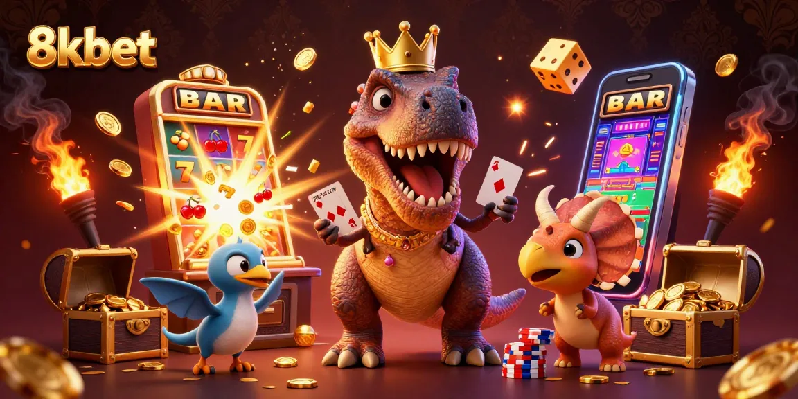 Experience the excitement of 8kbet with a dinosaur-themed casino scene showcasing vibrant elements and dynamic action.