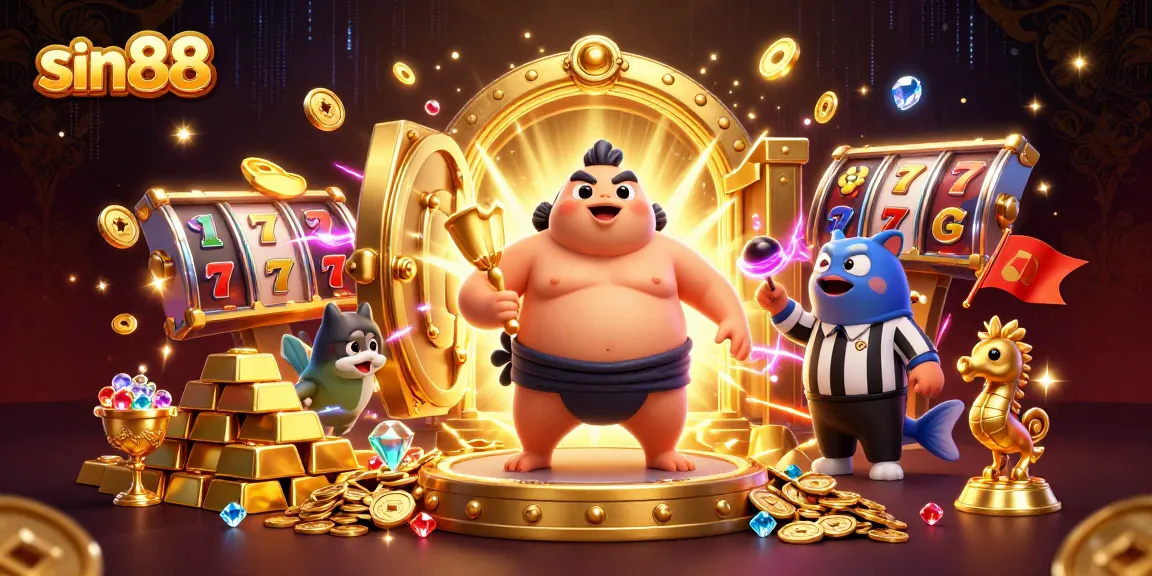 Spin the reels at sin88 with a dynamic underwater casino scene, vibrant characters, and treasure!