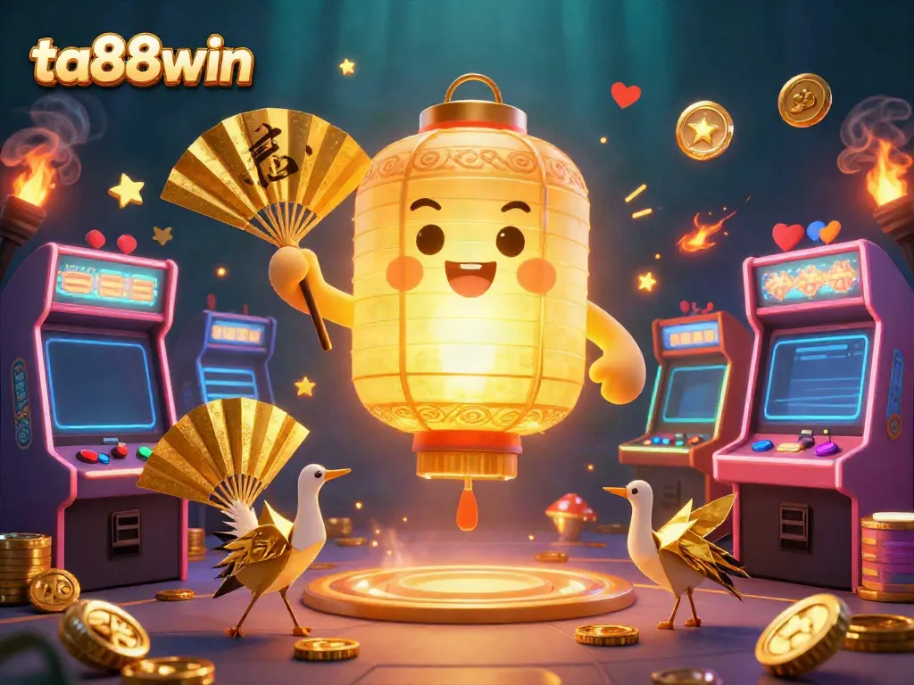 Experience explosive fun at ta88win with a vibrant casino scene featuring a glowing golden lantern spirit and arcade games.