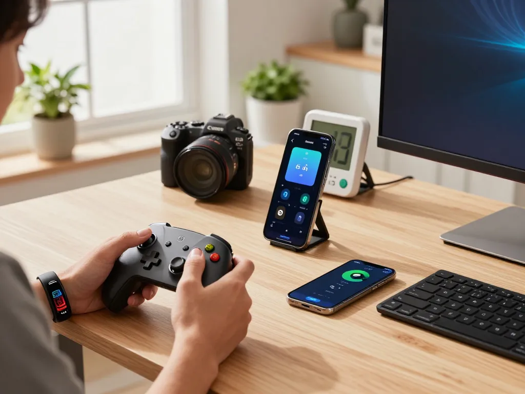 Engaged individual exploring affordable tech gadgets in a modern home office with multiple Bluetooth devices.