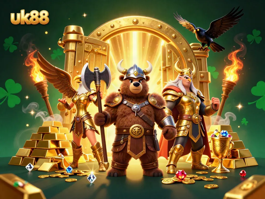 Engage in adventures with uk88 at this vibrant illustration of a Viking bear amid treasures and casino excitement.