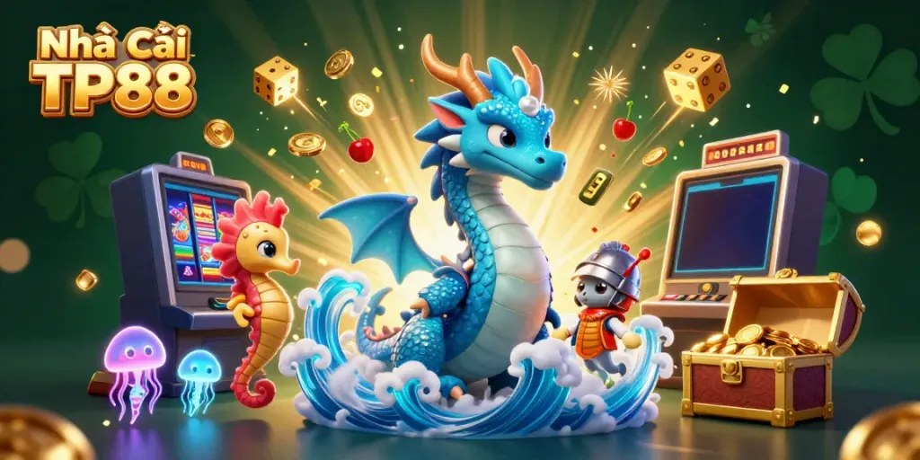 Experience thrilling wins at Nhà cái TP88 with a vibrant dragon, seahorse knight, and jackpot excitement.