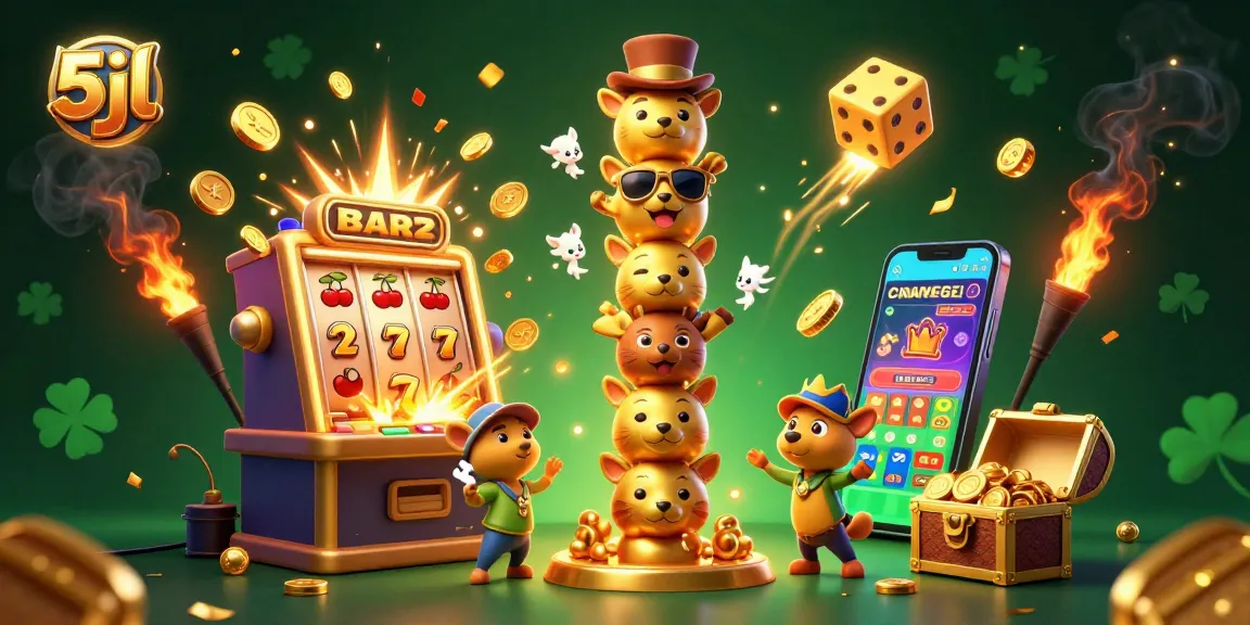 Engage with thrilling 5jl slots as the totem pole character showcases its casino charm in a vibrant scene.