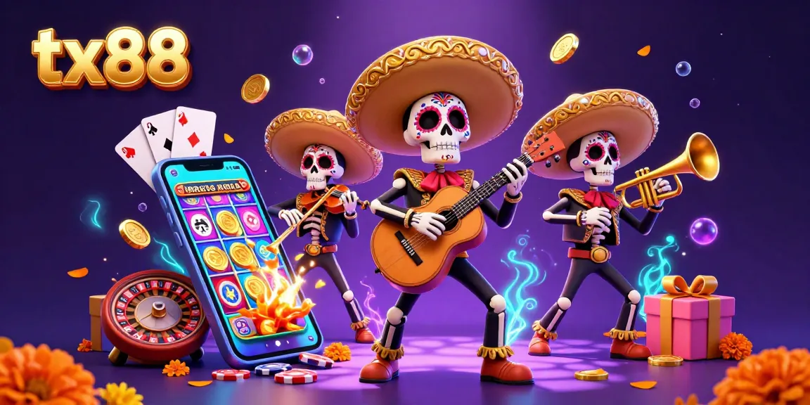 Experience the thrill of tx88 with a vibrant mariachi band amid colorful casino elements.
