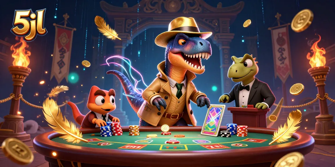 Experience the thrill at the blackjack table with 5jl's skilled velociraptor card counter and a suspicious stegosaurus.