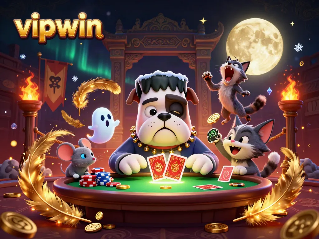 Experience thrilling action at vipwin with a cartoon bulldog dealer, ghost mouse, and werewolf kitten around casino elements.