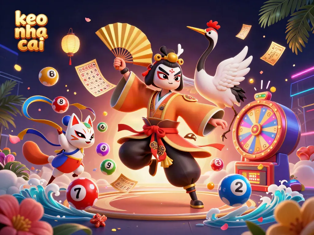 Engage with keo nha cai through dynamic lottery elements and vibrant characters in a 3D casino scene.