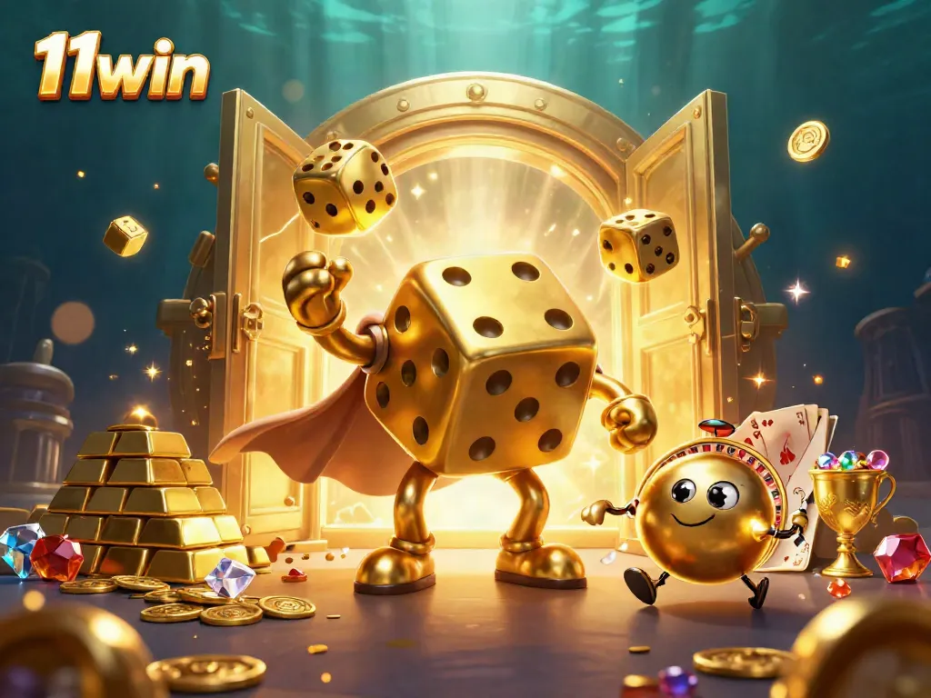 Experience thrilling jackpots at 11win with a vibrant, colorful casino scene featuring golden dice and treasures.