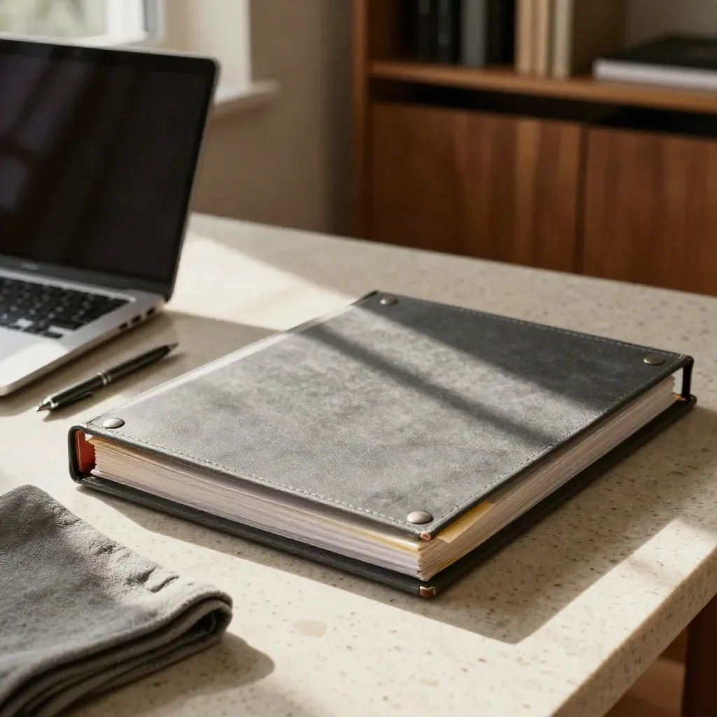 Traverten masada açılmış teknik klasör, yana dönük dizüstü ve grafit kalemli sıcak çalışma köşesi.