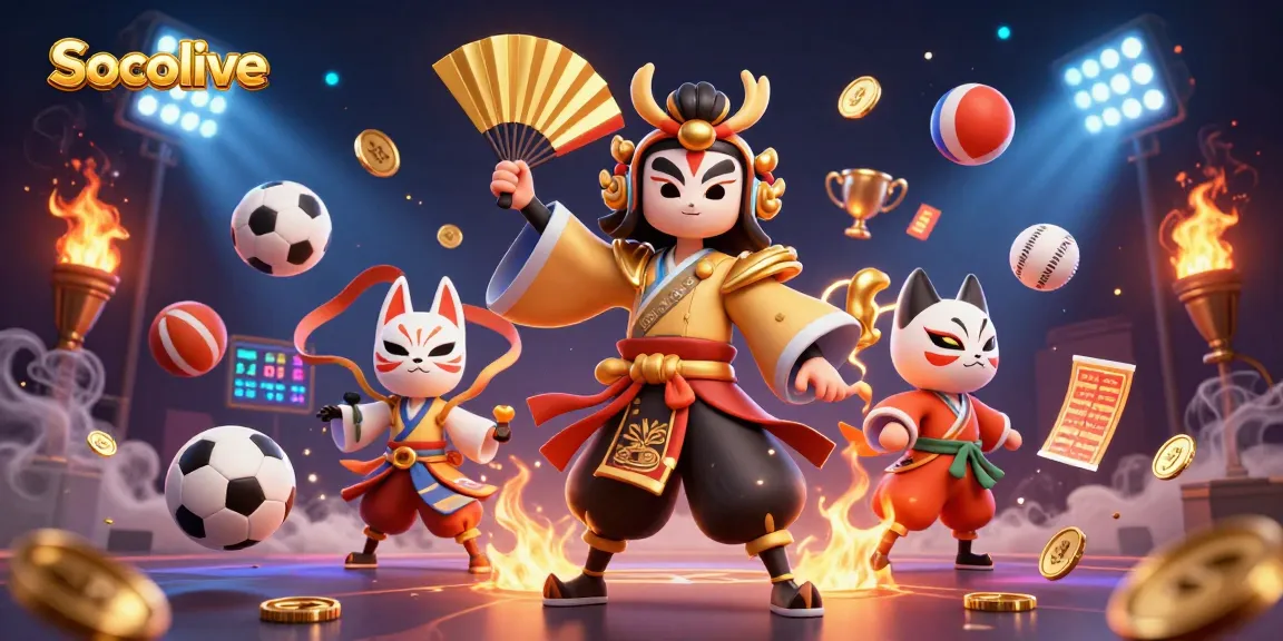 Socolive enhances the excitement of betting with dynamic sports elements surrounding vibrant characters.