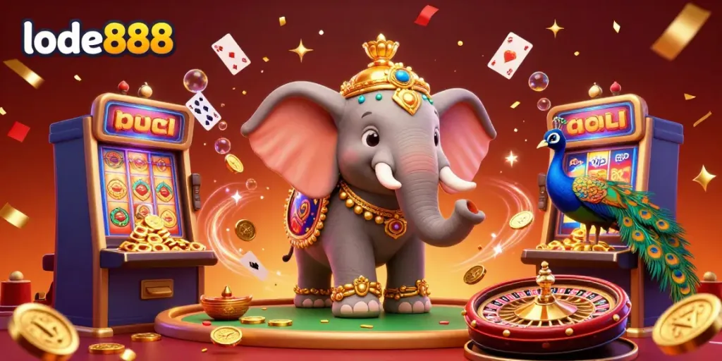 Engage in excitement with lode888's vibrant casino scene featuring a Diwali-themed elephant and thrilling slot machines.