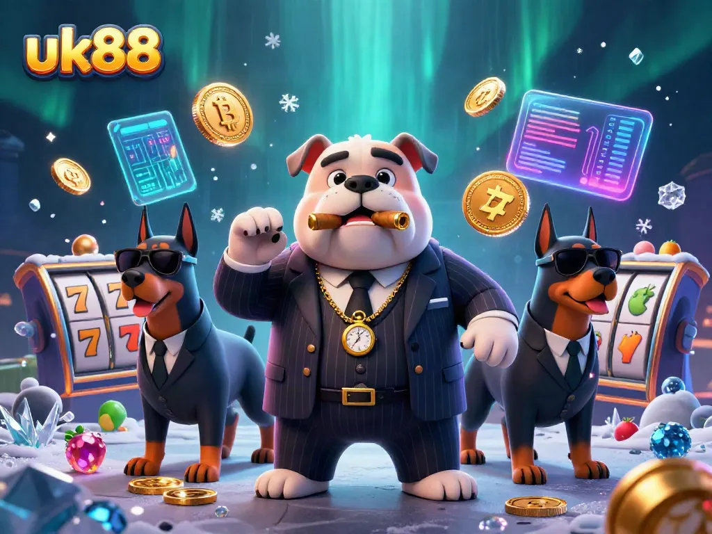 Win big at uk88 with a lively illustration of a mafia bulldog and bodyguards surrounded by casino elements.
