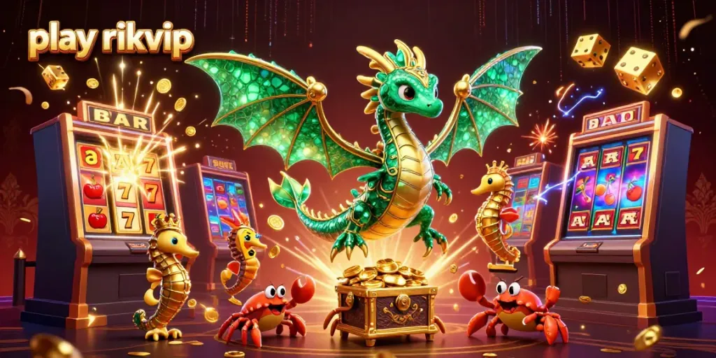 Engage in thrilling games as you play Rikvip, featuring vibrant illustrations of casino elements.
