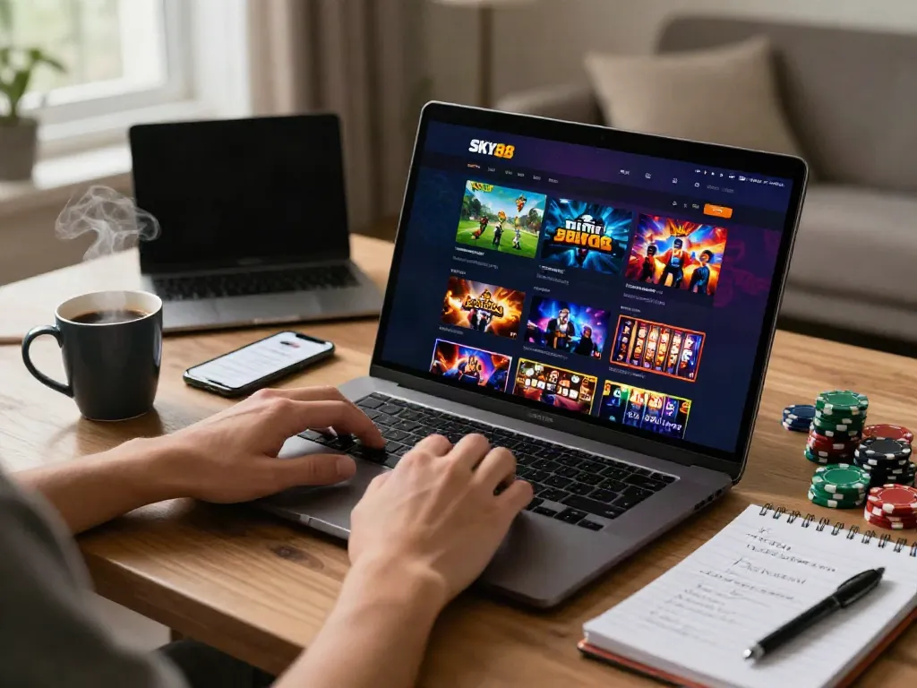 Engage with SKY88 online gaming platform in a cozy setting with vibrant games.