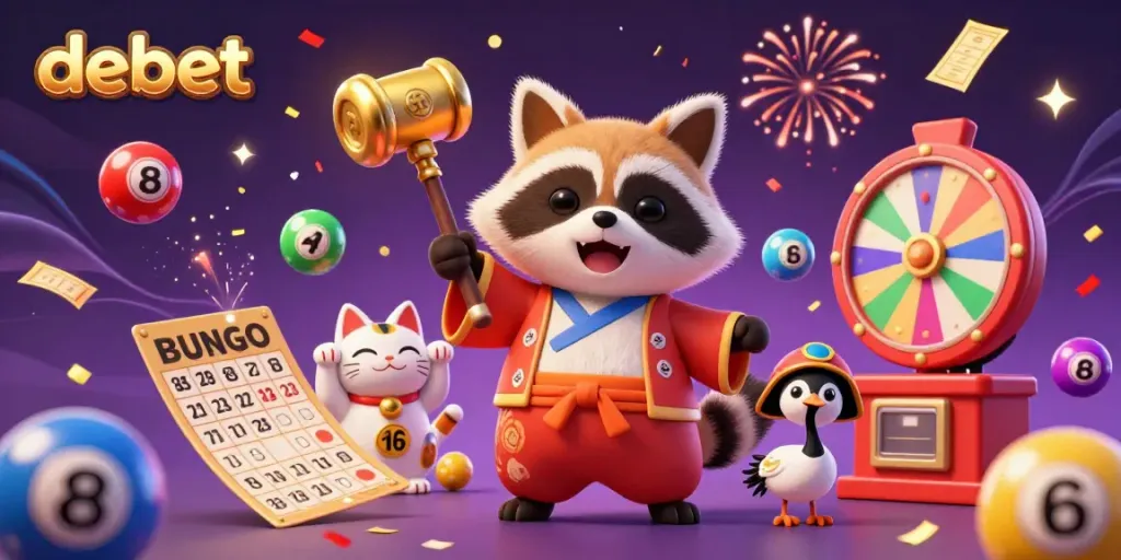 Experience the vibrant action of debet with colorful bouncing lottery balls, lucky tanuki, and festive elements.