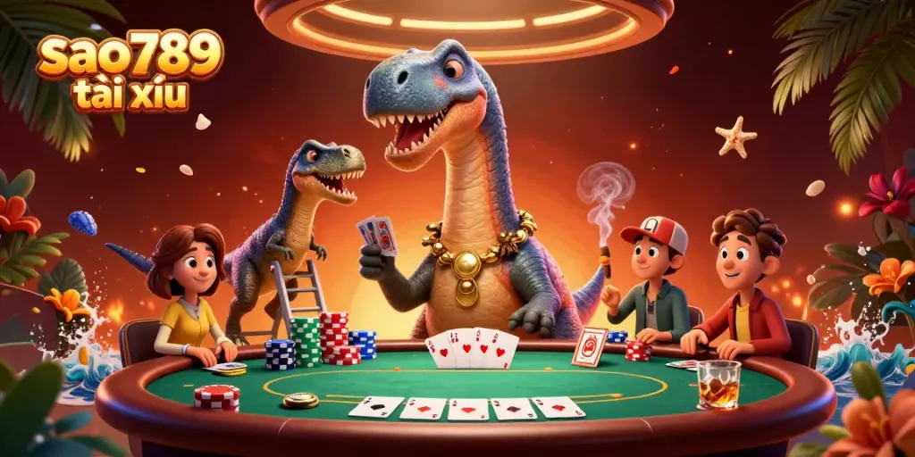 Experience the excitement of sao789 tài xỉu with a playful brontosaurus and clever raptor in an animated casino scene.