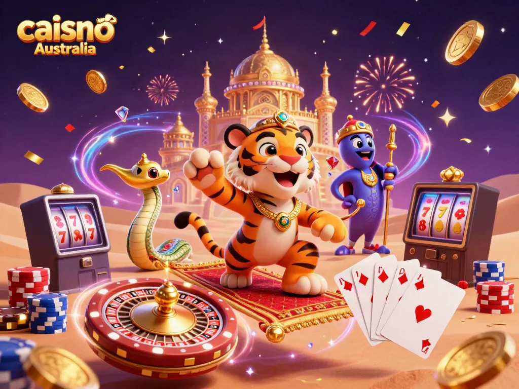 Experience excitement with caisno Australia as mystical characters celebrate wins amid vibrant casino elements.