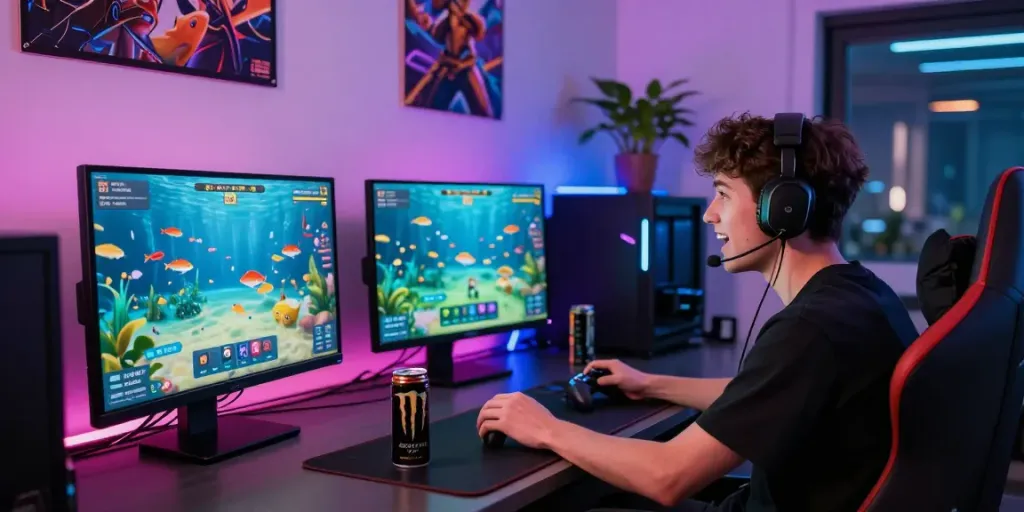 Player enjoying fish-shooting game on du88 gaming platform with vibrant graphics.
