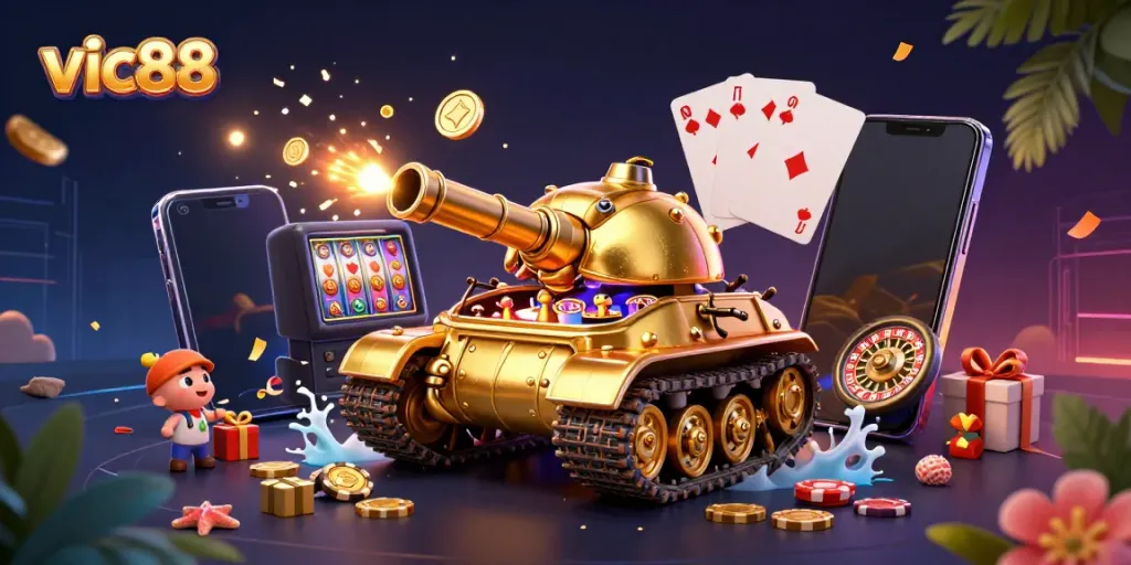 Experience the vibrant world of vic88 with a dynamic casino scene in a golden beetle tank.