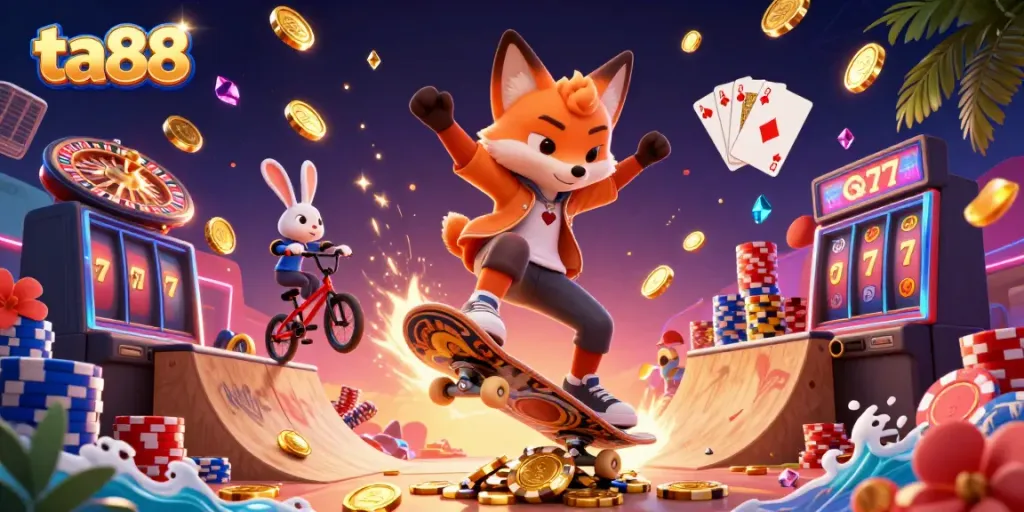 Engage with ta88 through an exhilarating scene of a cartoon fox skateboarding and a bunny, surrounded by dynamic casino symbols.