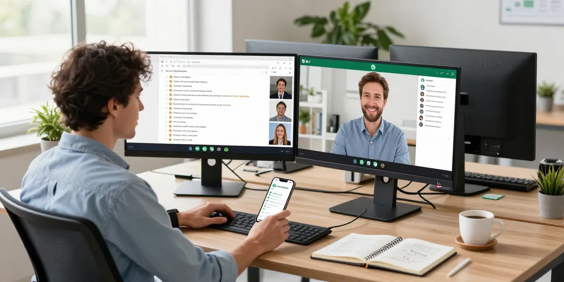 Person using WhatsApp電腦版 on a desktop in a modern office workspace.