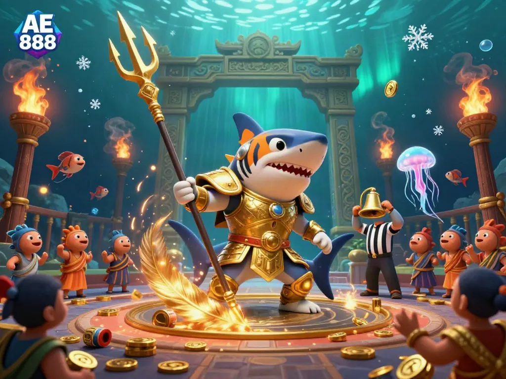 Engage with AE 888's thrilling underwater casino scene featuring a powerful tiger shark and vibrant action.