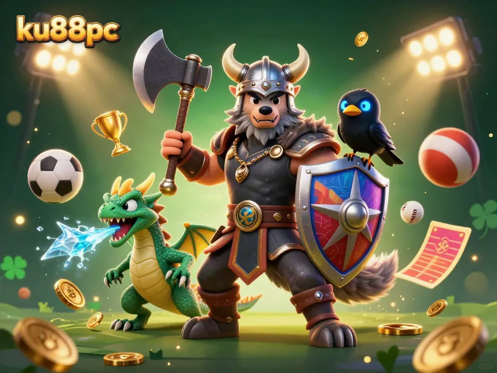 A dynamic scene featuring kh88pc's Viking wolf warrior and ice dragon amidst a betting frenzy, showcasing sports elements.