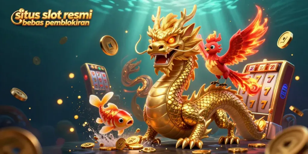 Memainkan situs slot resmi bebas pemblokiran dengan karakter naga emas dan phoenix, dikelilingi koin.