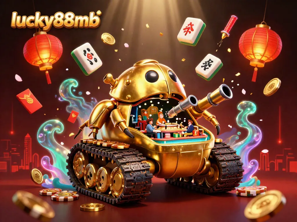 Experience the thrill of lucky88mb with a dynamic 3D casino scene showcasing a golden beetle tank and vibrant gaming elements.