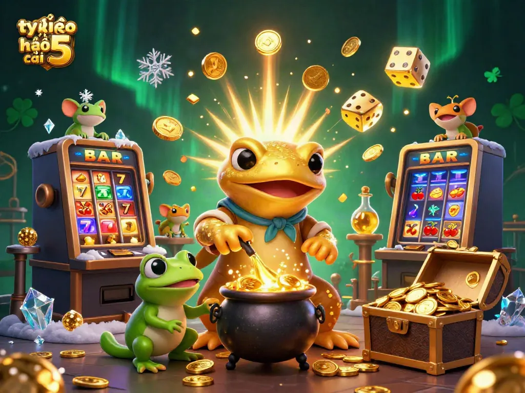 Experience the thrill of tỷ lệ kèo nhà cái 5 with golden alchemist and casino elements in a vivid 3D illustration.