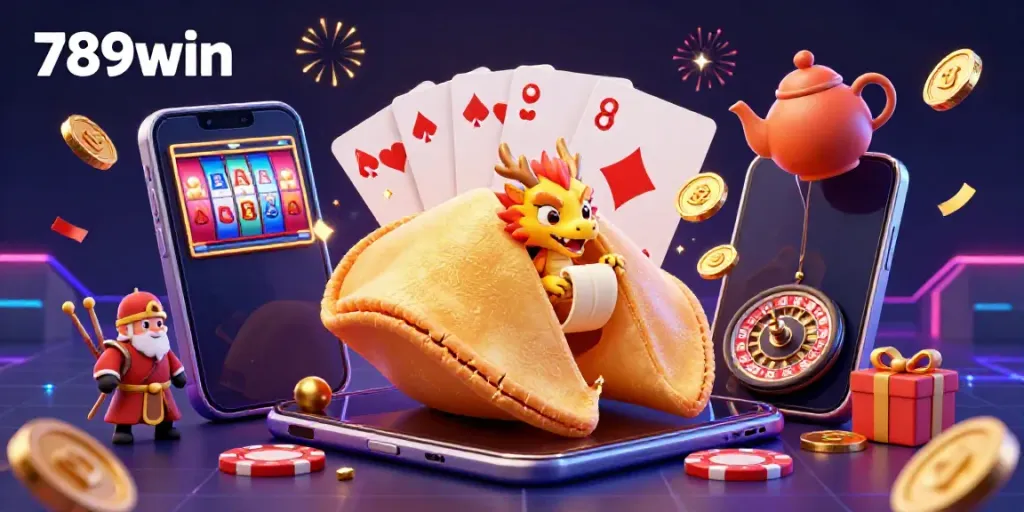 Engage with the vibrant world of 789win's casino magic featuring a golden fortune cookie and dynamic gaming elements.