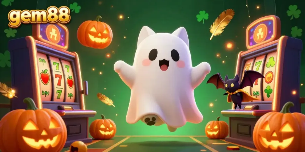 Experience the vibrant world of gem88 with a friendly ghost cat and bat surrounded by casino excitement.