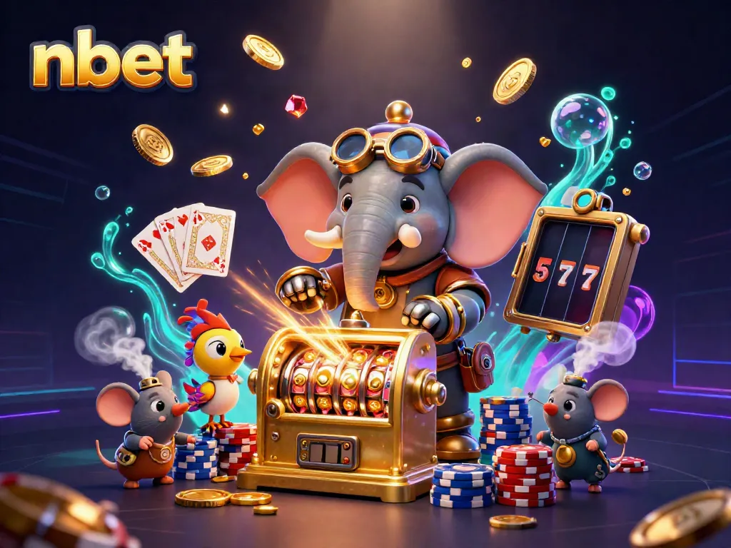 Engage with the dynamic nbet gaming scene, highlighted by a steampunk elephant at a golden slot machine.