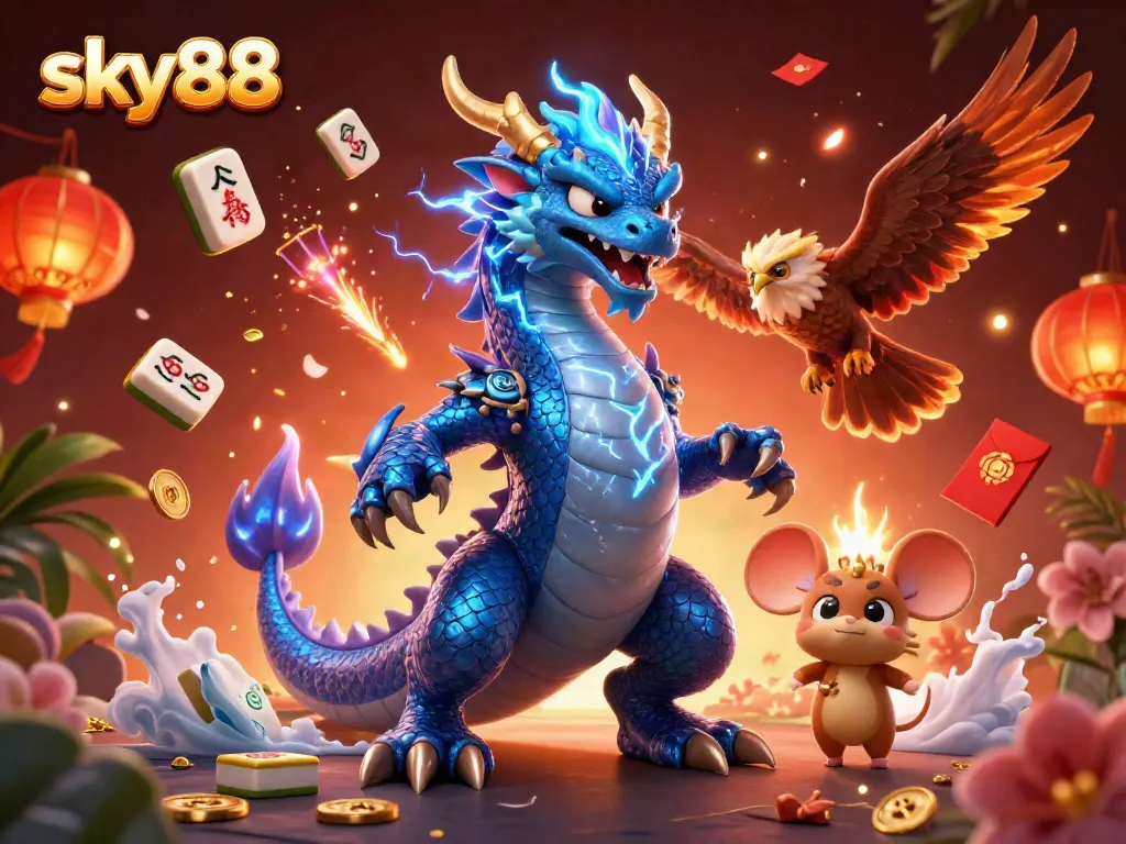 Play exciting games at sky88 with a thrilling 3D dragon, hawk, and mouse amidst casino symbols.