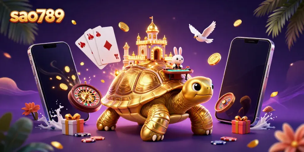 Experience the rich world of sao789 with a golden tortoise casino, rabbit dealer, and vibrant gaming elements.