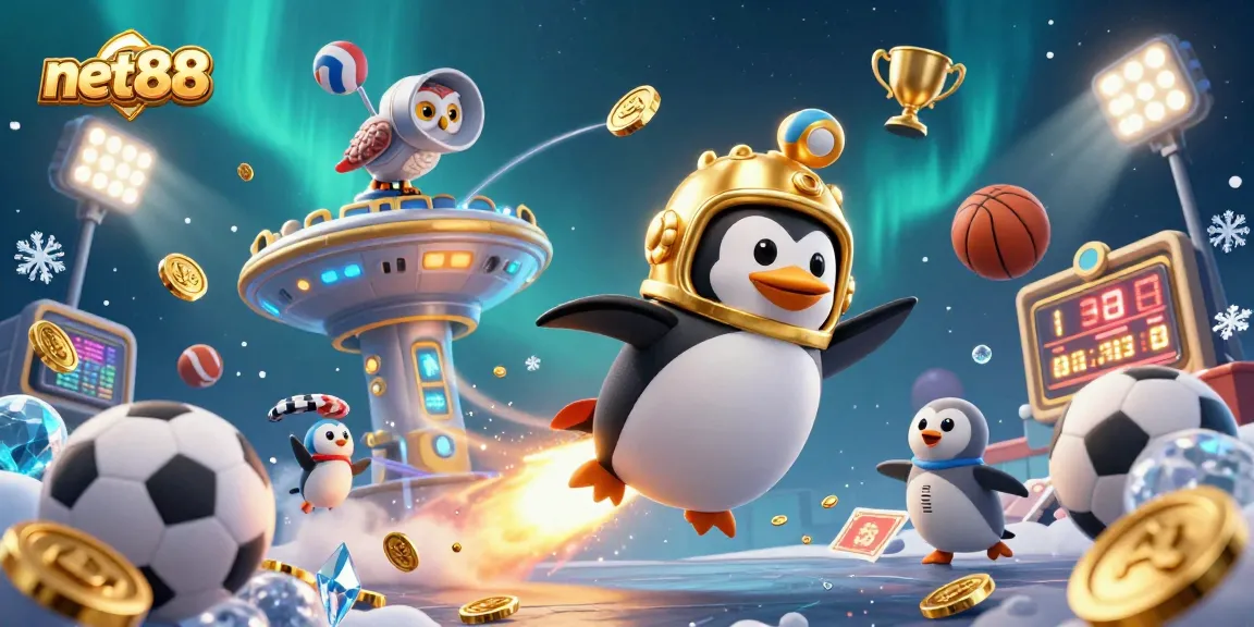 Experience thrilling action with the net88 penguin soaring through a casino-themed cosmic scene.