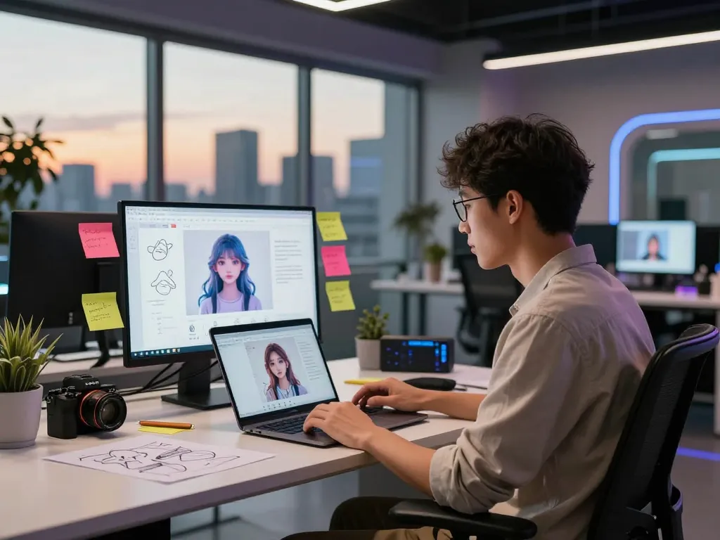Engaging chat with AI characters showcasing crush on ai in a modern tech workspace.