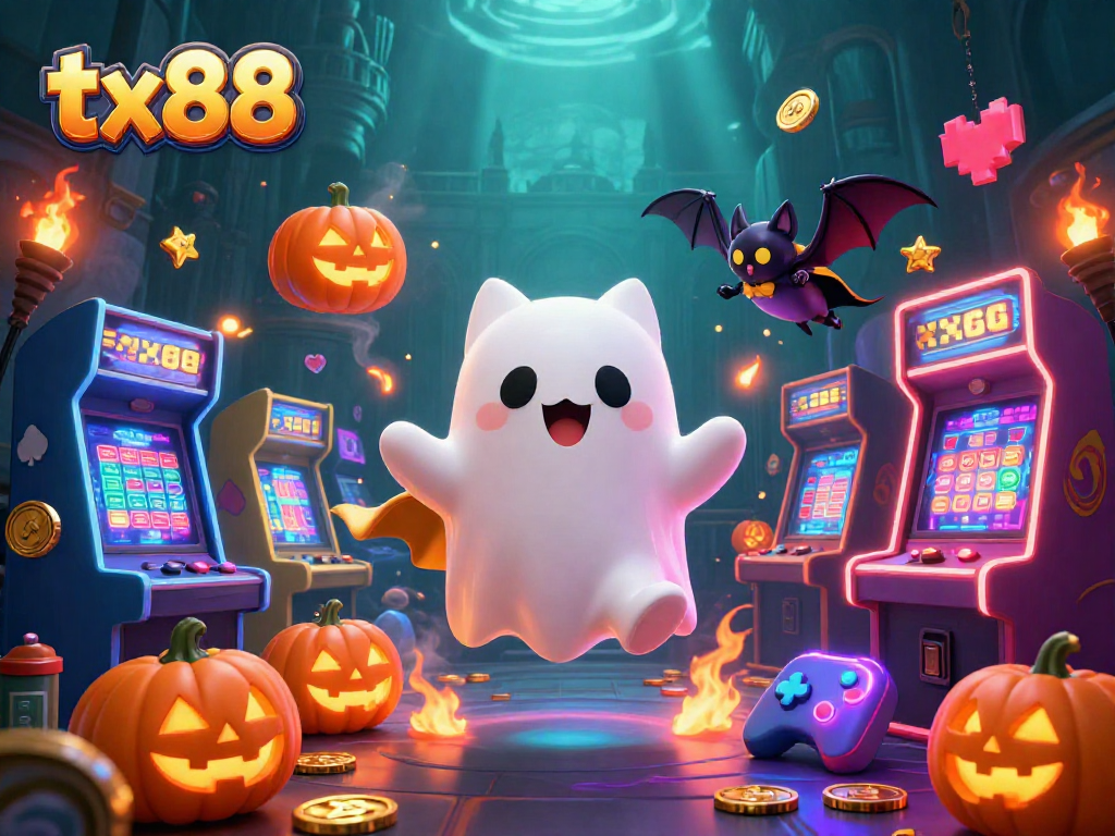 Engage with the spooktacular gaming world of tx88, featuring a ghost cat and bat at a casino.