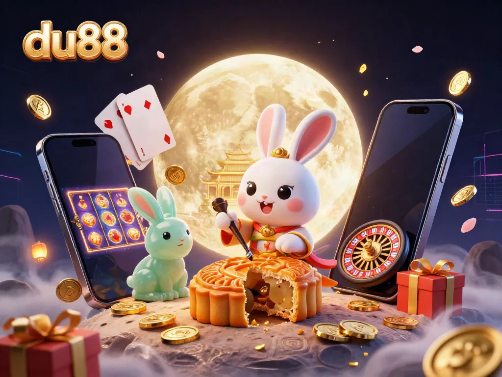 Engage in thrilling games with du88, featuring a playful moon rabbit and vibrant casino elements.