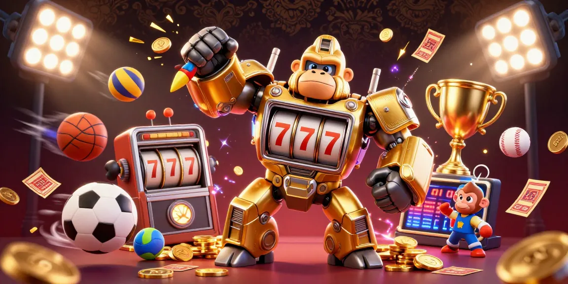 Engage with sky88vi through a dynamic 3D illustration showcasing a golden gorilla mech and vibrant sports elements.