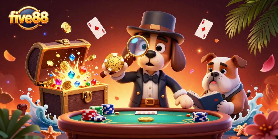 Investigate winning strategies with five88 in this vibrant casino-themed illustration